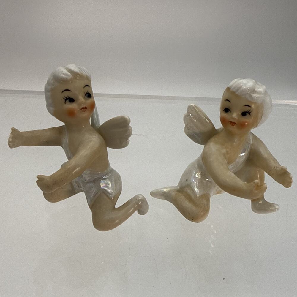 Vintage Mid Century Angel Pixie Fairy Porcelain Candle Huggers Set JAPAN
